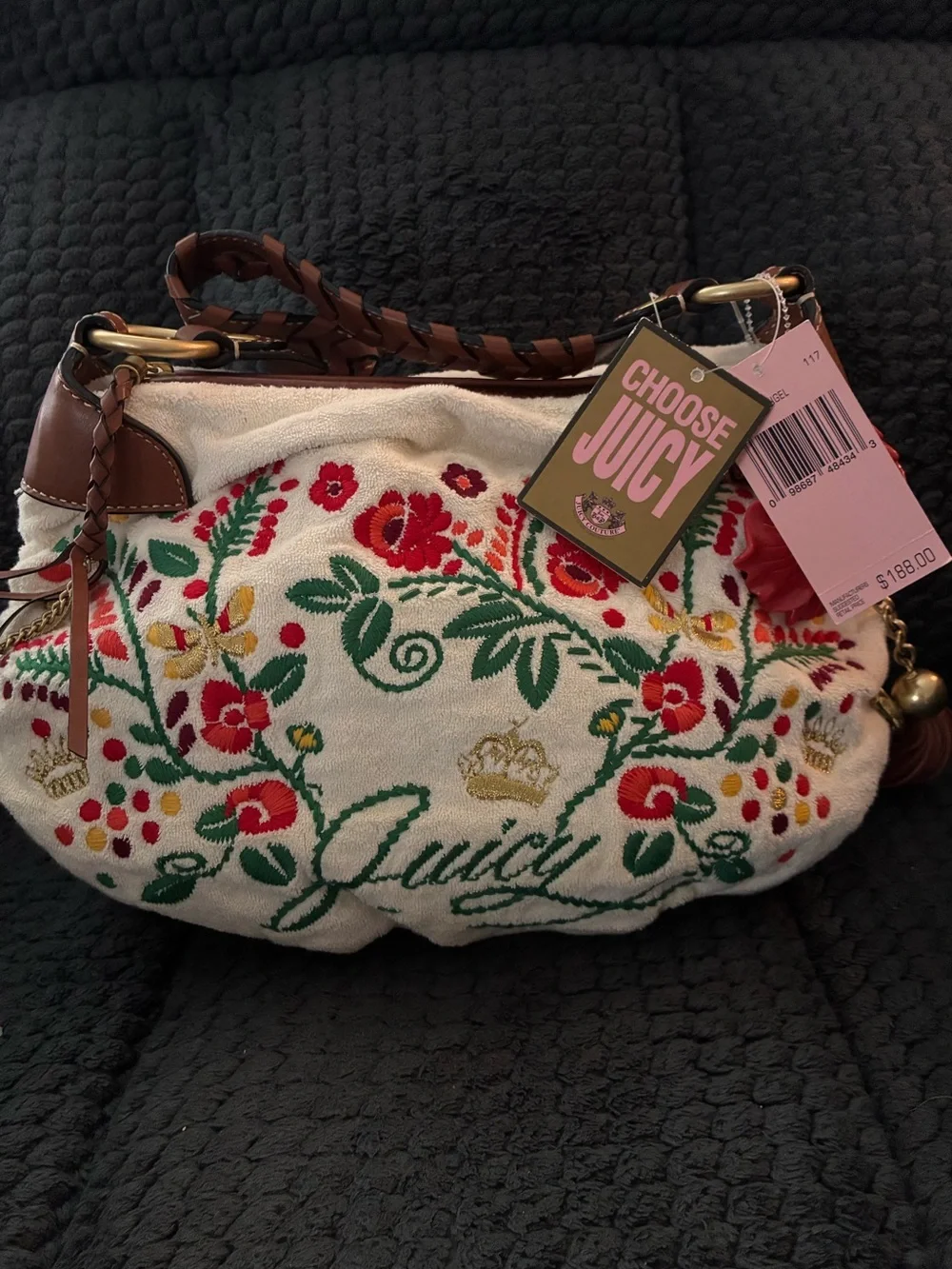 Juicy Couture Cream Embroidered Floral Shoulder Bag with Brown Braided Strap